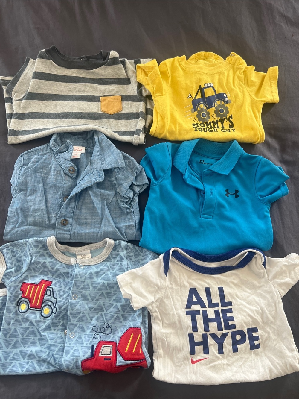 Lot of 6 onesies baby boy 6-9 month dump truck monster truck blue and yellow